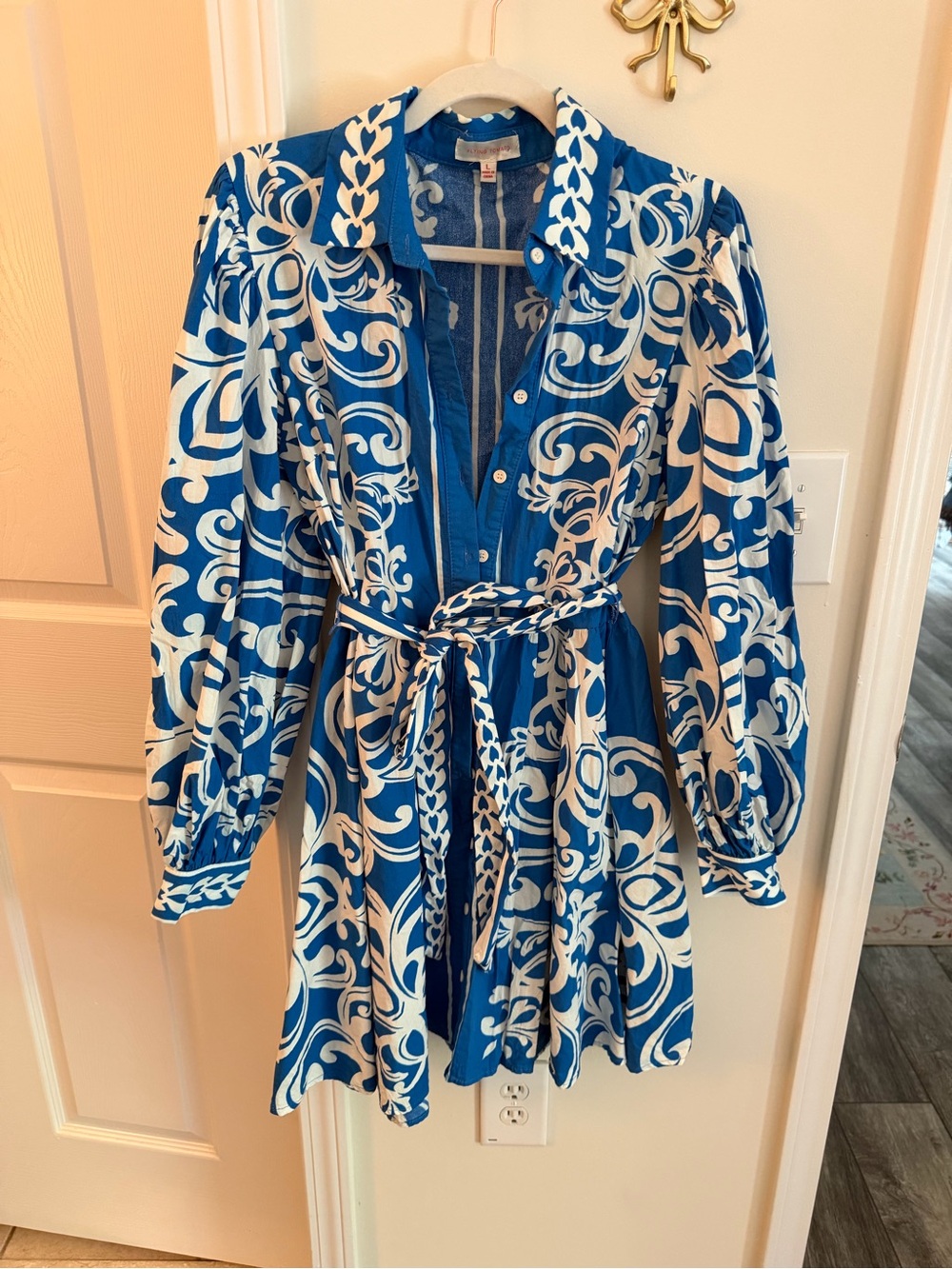 Blue and white puff sleeve mini dress